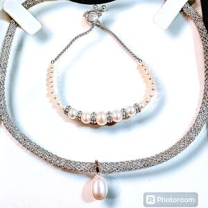 Elegant Bracelet & Necklace  Silver & Simulated Pearl Jewelry Set